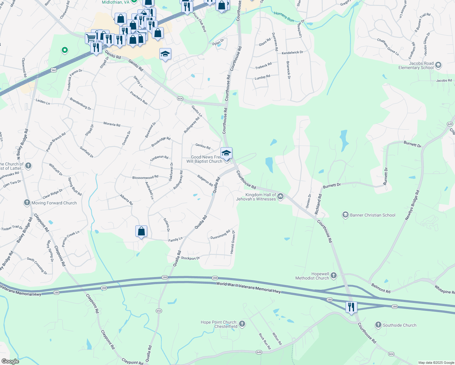 map of restaurants, bars, coffee shops, grocery stores, and more near 10218 Ridgerun Road in Chesterfield