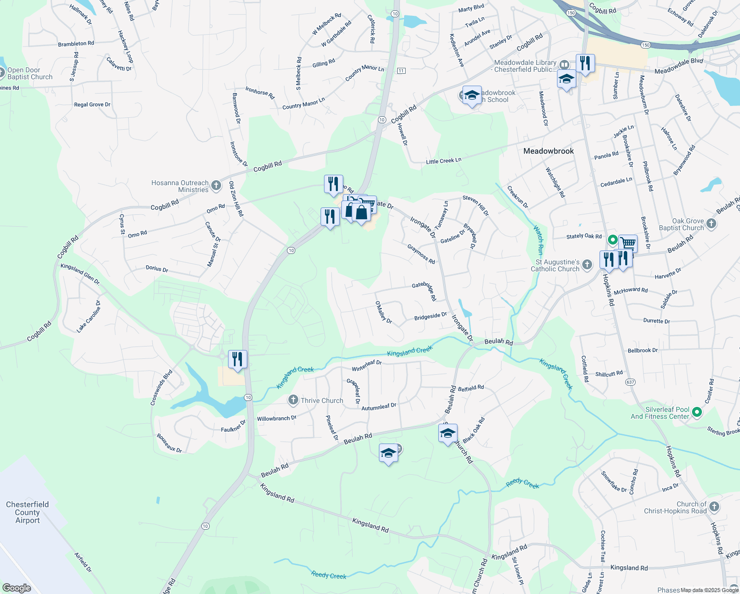 map of restaurants, bars, coffee shops, grocery stores, and more near 5607 Gatebridge Rd in Richmond
