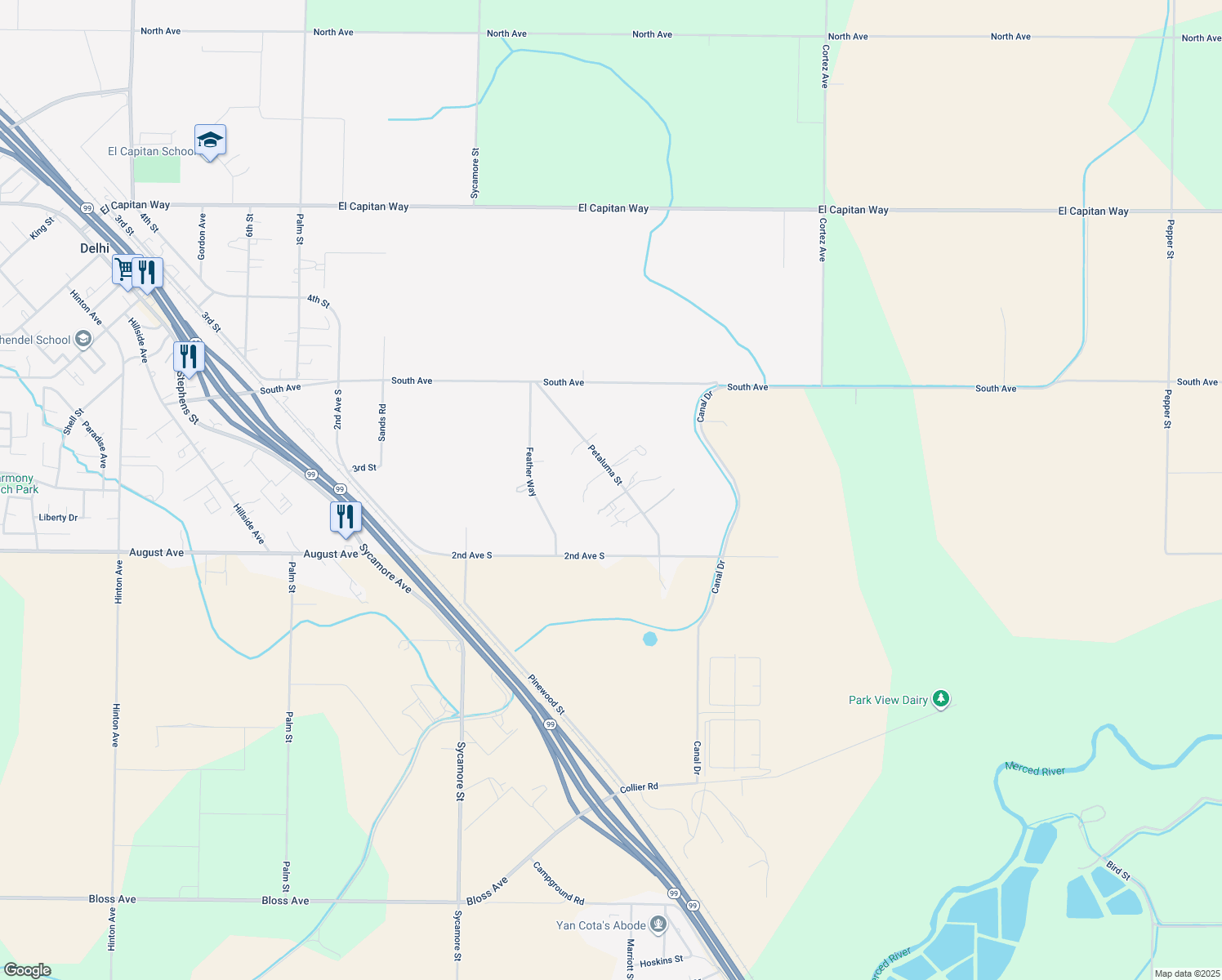 map of restaurants, bars, coffee shops, grocery stores, and more near 9203 Petaluma Street in Delhi