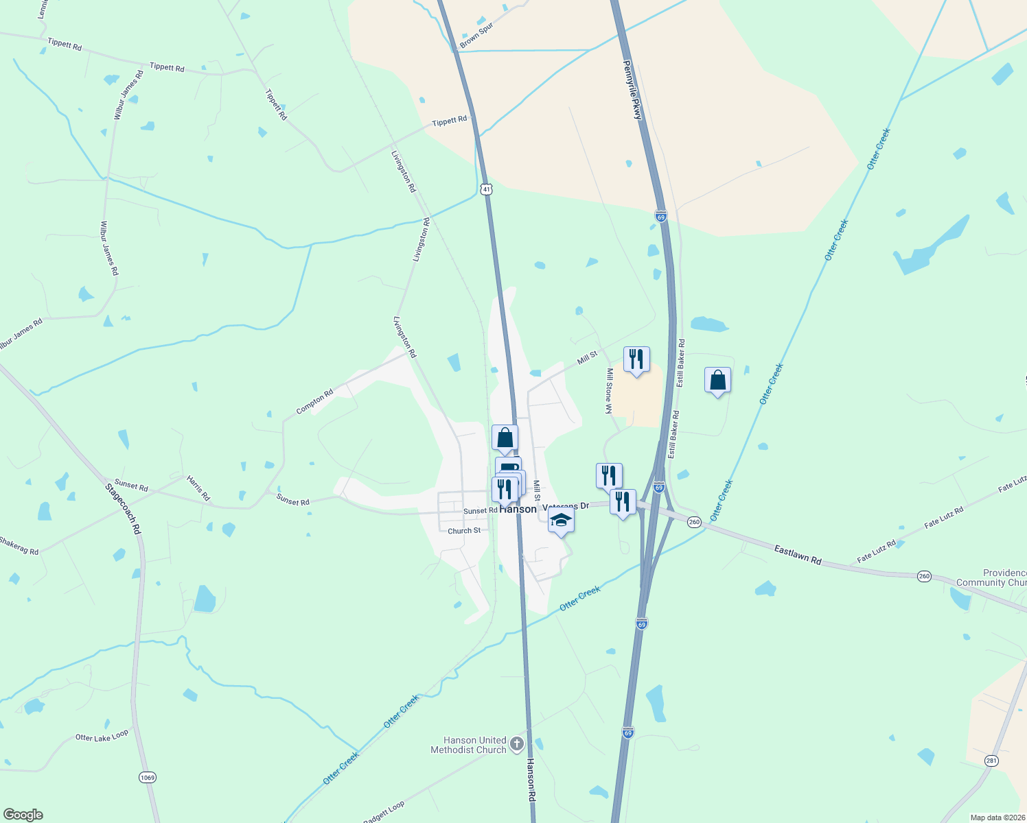 map of restaurants, bars, coffee shops, grocery stores, and more near 7301 Hanson Road in Hanson