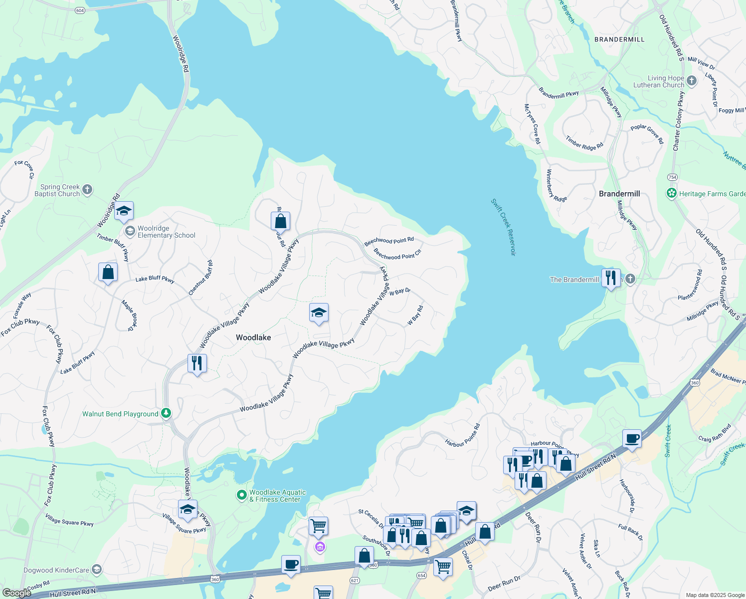 map of restaurants, bars, coffee shops, grocery stores, and more near 5612 Fiddlers Ridge Lane in Midlothian