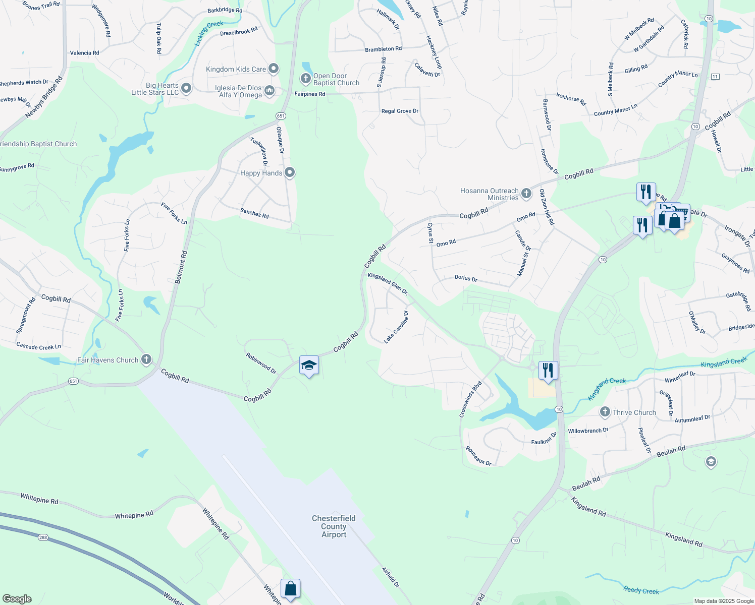 map of restaurants, bars, coffee shops, grocery stores, and more near 7106 Lake Caroline Drive in Chesterfield