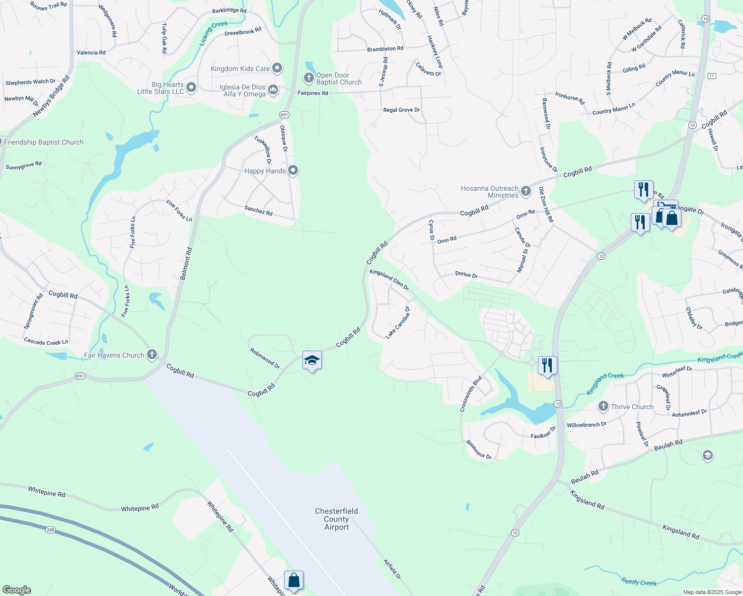 map of restaurants, bars, coffee shops, grocery stores, and more near 7107 Lake Caroline Drive in Chesterfield