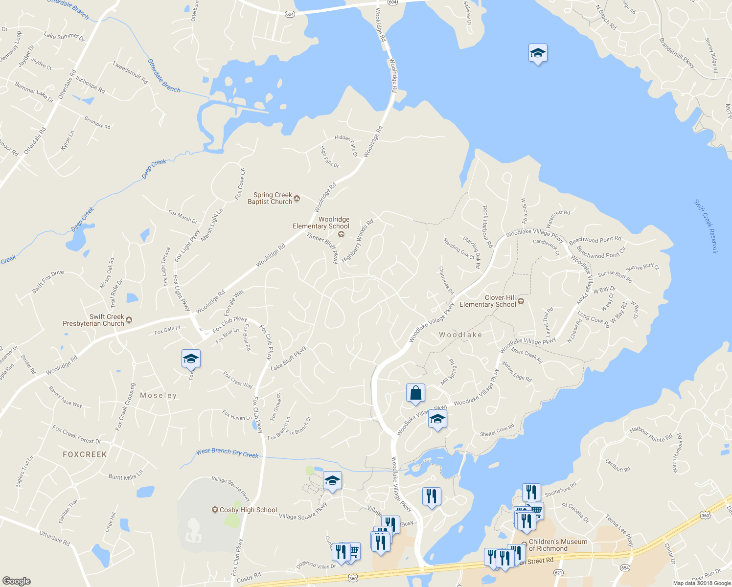 map of restaurants, bars, coffee shops, grocery stores, and more near 5709 Saddle Hill Drive in Midlothian