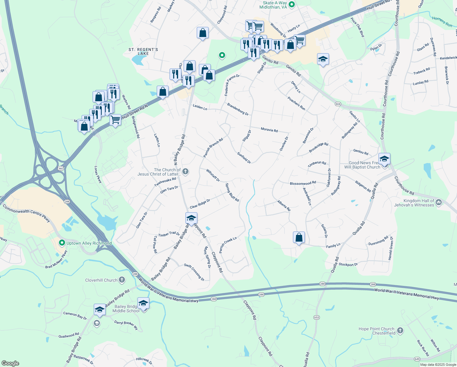 map of restaurants, bars, coffee shops, grocery stores, and more near 11307 Wiltstaff Drive in Midlothian