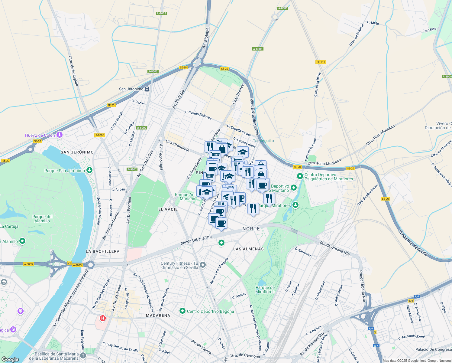 map of restaurants, bars, coffee shops, grocery stores, and more near 3 Calle Estrella Adara in Sevilla