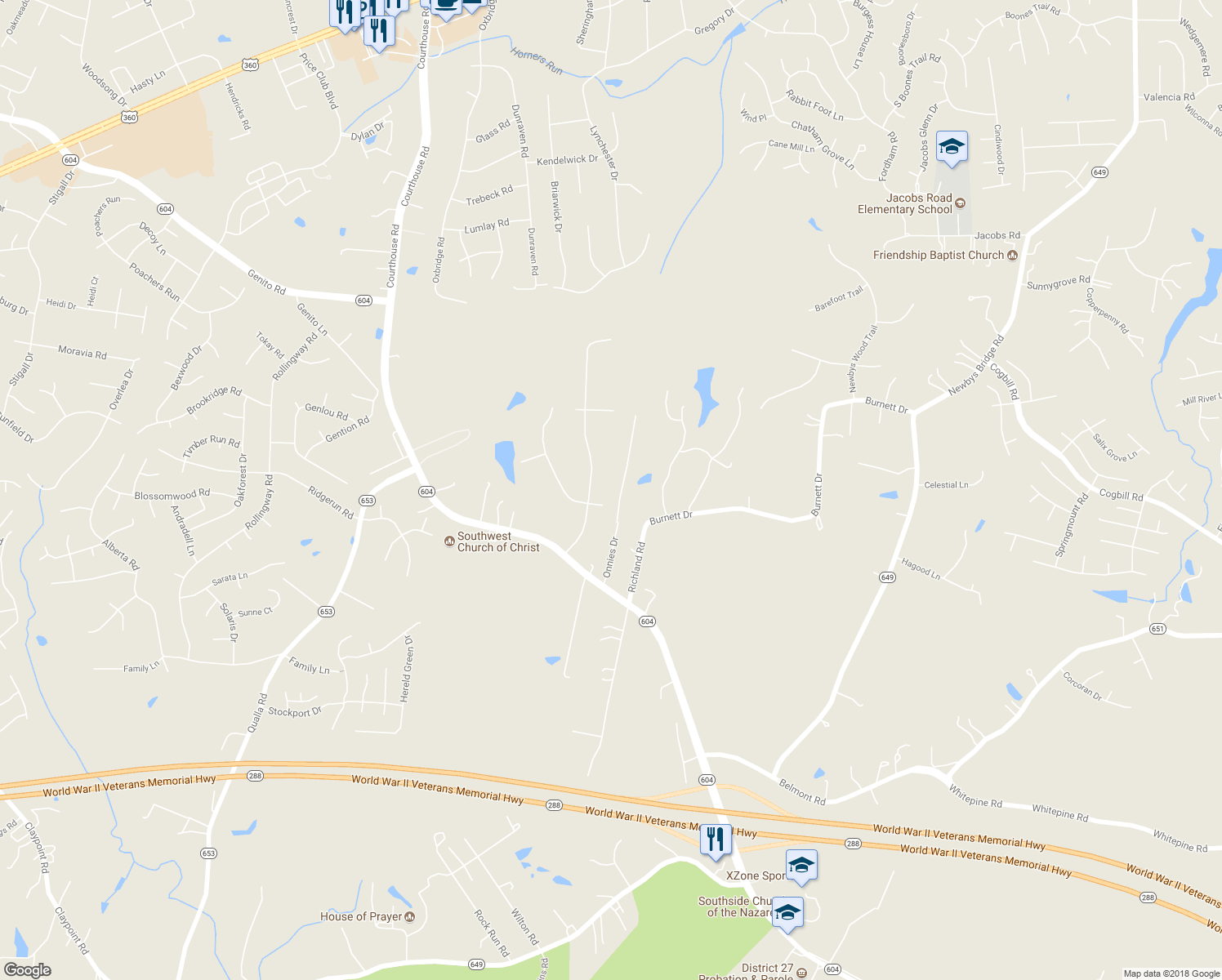 map of restaurants, bars, coffee shops, grocery stores, and more near 5500 Onnies Drive in Chesterfield