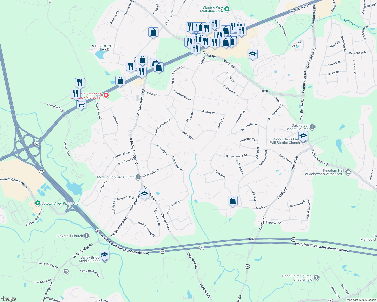 map of restaurants, bars, coffee shops, grocery stores, and more near 11118 Wiltstaff Drive in Midlothian