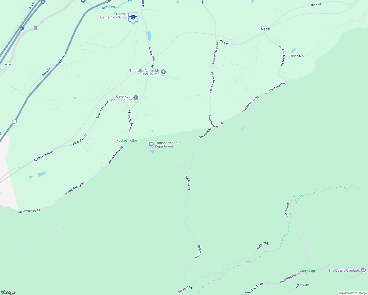 map of restaurants, bars, coffee shops, grocery stores, and more near 8361-8635 Salt Pond Road in Troutville