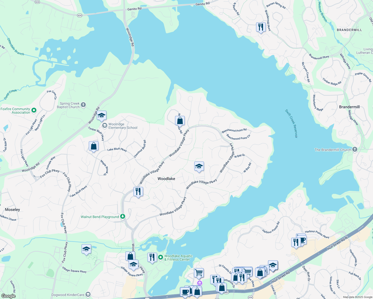 map of restaurants, bars, coffee shops, grocery stores, and more near 5502 Silver Birch Lane in Midlothian