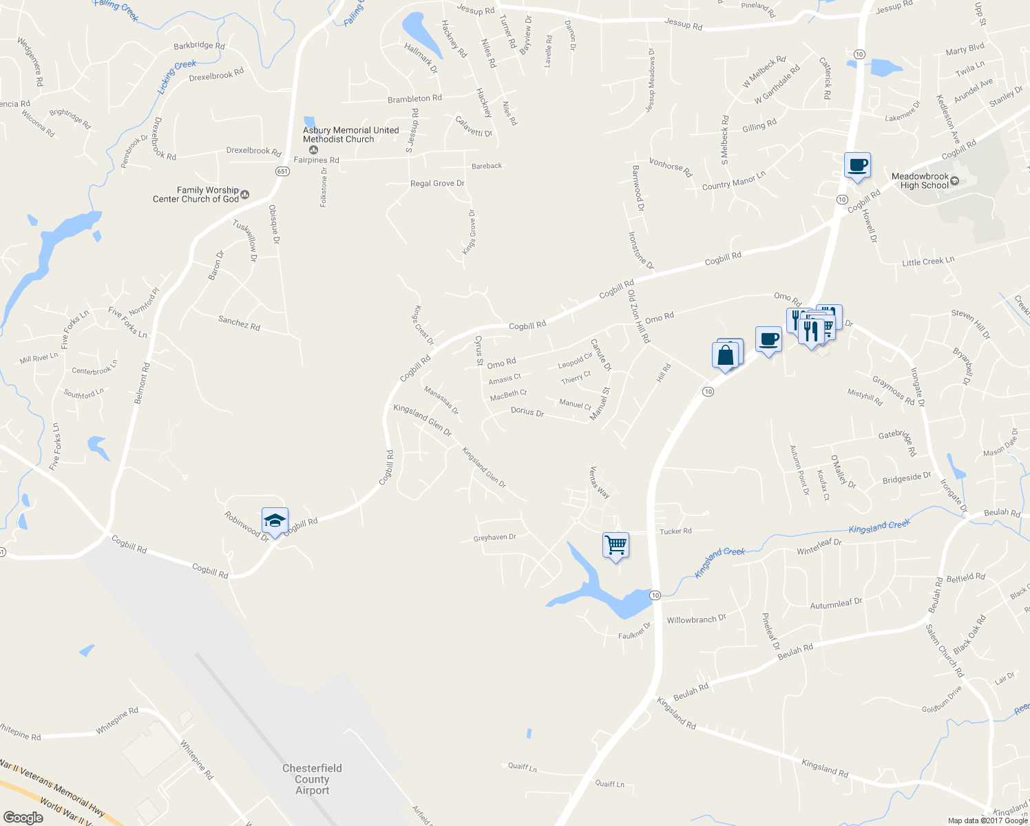 map of restaurants, bars, coffee shops, grocery stores, and more near 6319 Dorius Drive in Richmond