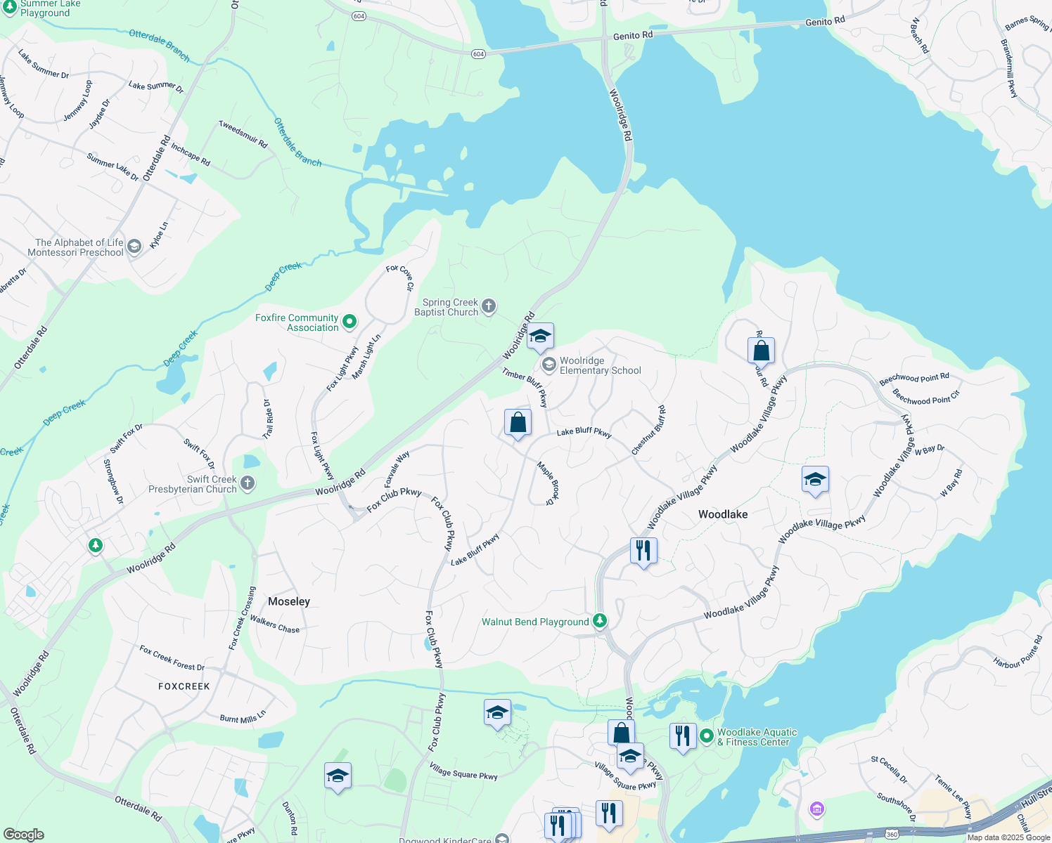 map of restaurants, bars, coffee shops, grocery stores, and more near 5508 Windy Ridge Drive in Midlothian