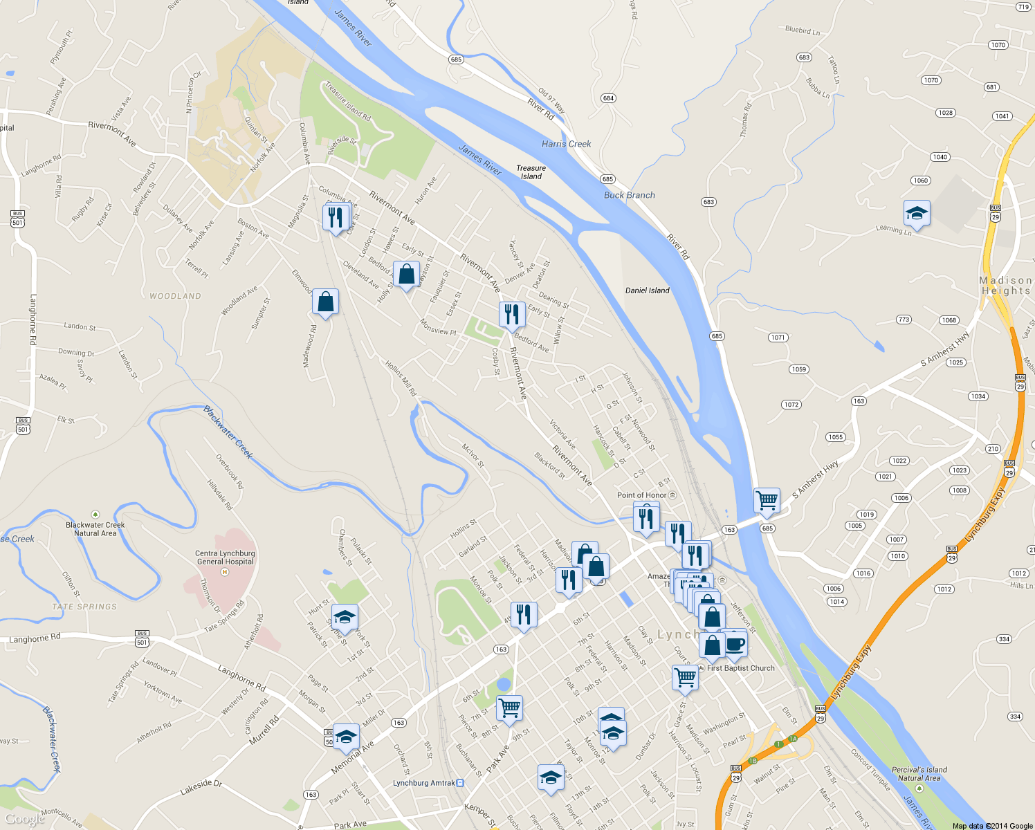 map of restaurants, bars, coffee shops, grocery stores, and more near 847 Belmont Street in Lynchburg