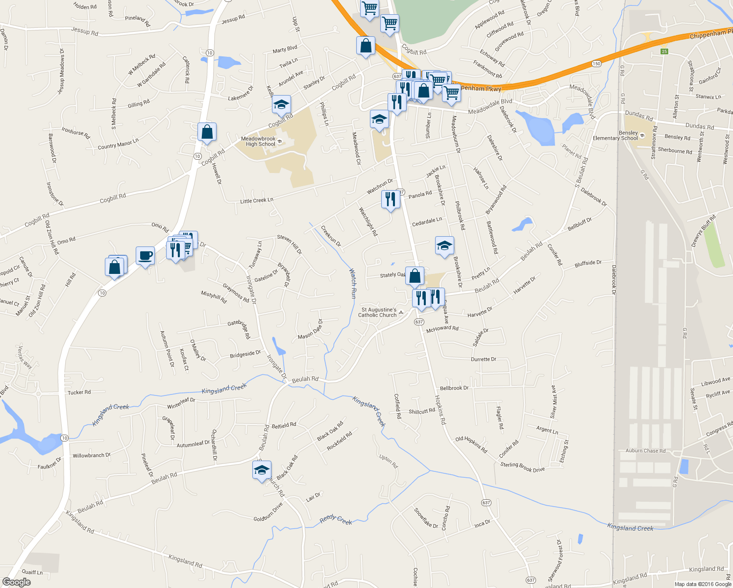 map of restaurants, bars, coffee shops, grocery stores, and more near 6930 Beulah Oaks Lane in Richmond