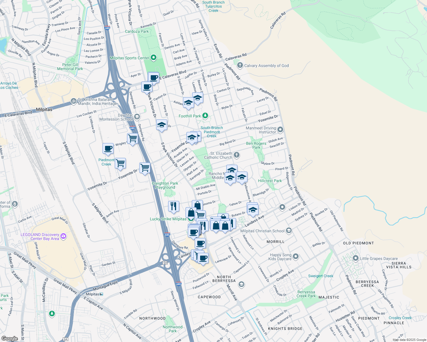 map of restaurants, bars, coffee shops, grocery stores, and more near 1598 Grand Teton Drive in Milpitas