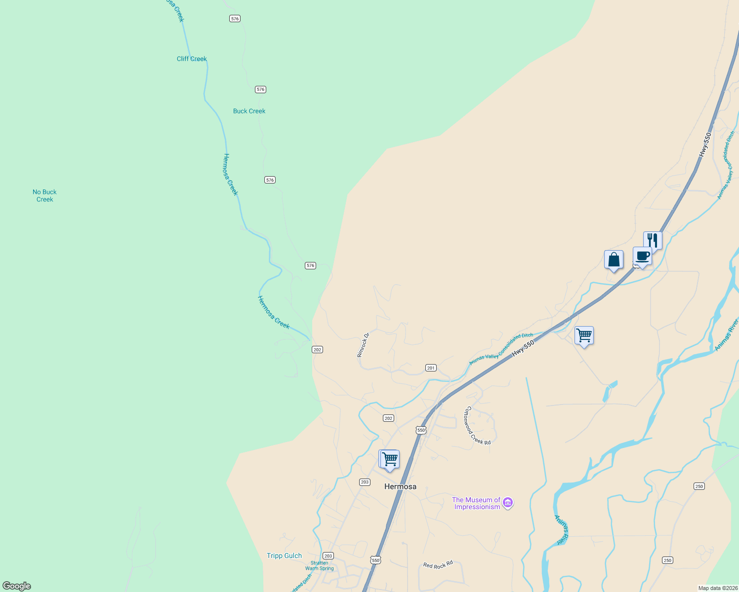 map of restaurants, bars, coffee shops, grocery stores, and more near 186-504 Rim Rock Drive in Durango