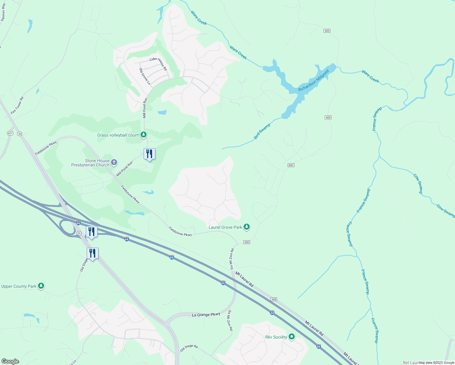 map of restaurants, bars, coffee shops, grocery stores, and more near 3300 Newland Court in Toano
