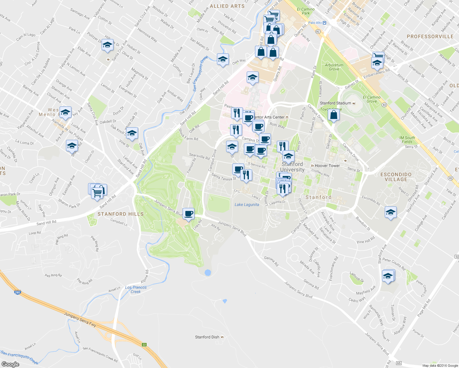 map of restaurants, bars, coffee shops, grocery stores, and more near 554 Governor's Avenue in Stanford
