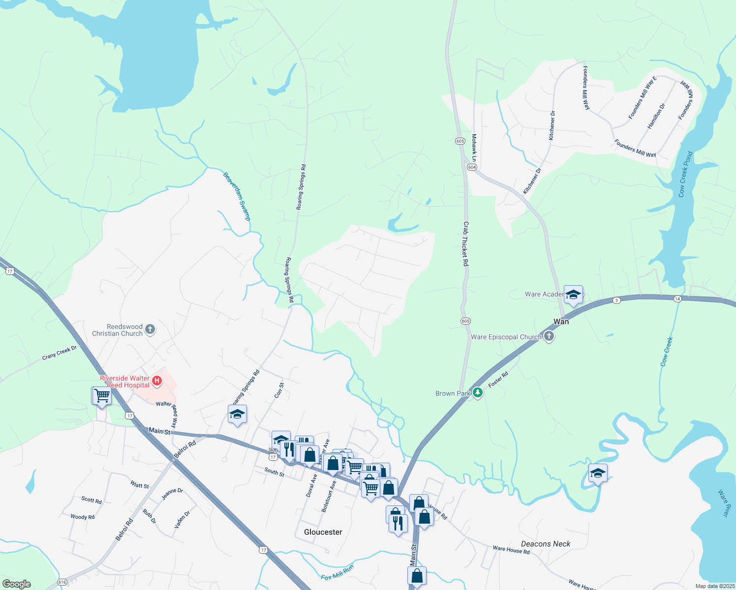 map of restaurants, bars, coffee shops, grocery stores, and more near 6726 Holly Springs Dr in Gloucester