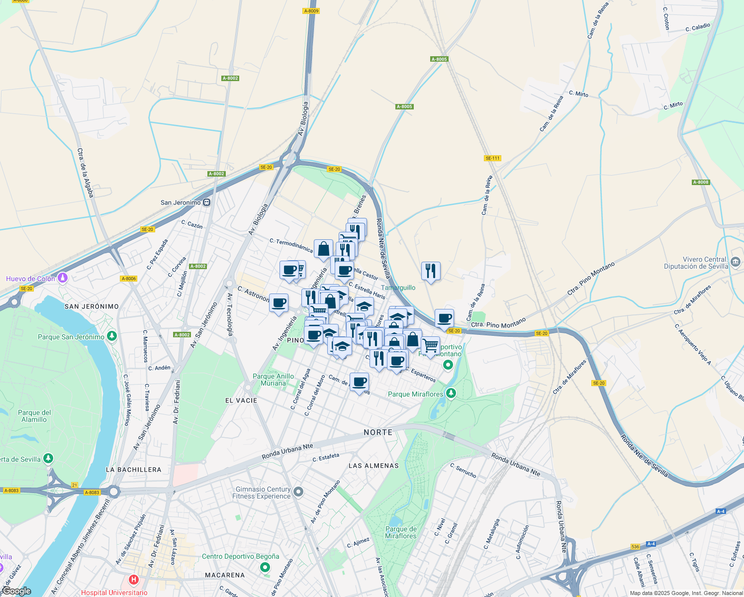 map of restaurants, bars, coffee shops, grocery stores, and more near 4 Calle Estrella Altair in Sevilla