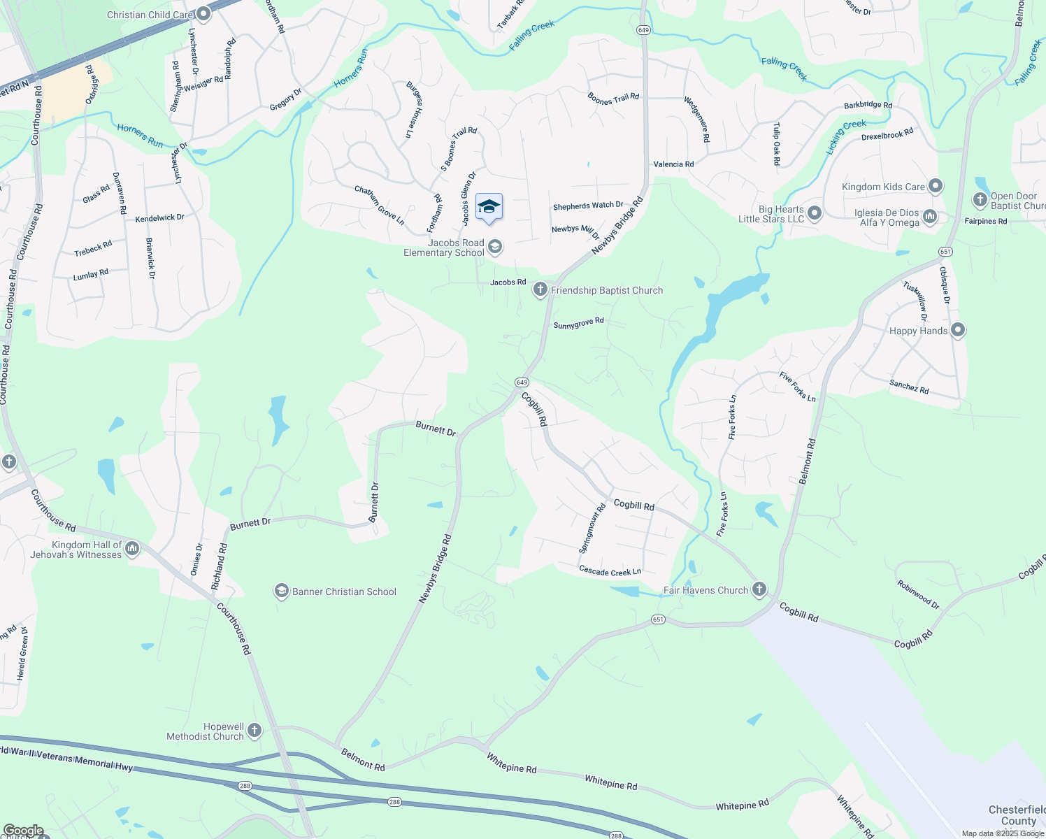 map of restaurants, bars, coffee shops, grocery stores, and more near 9812 Garden Ridge Place in Chesterfield