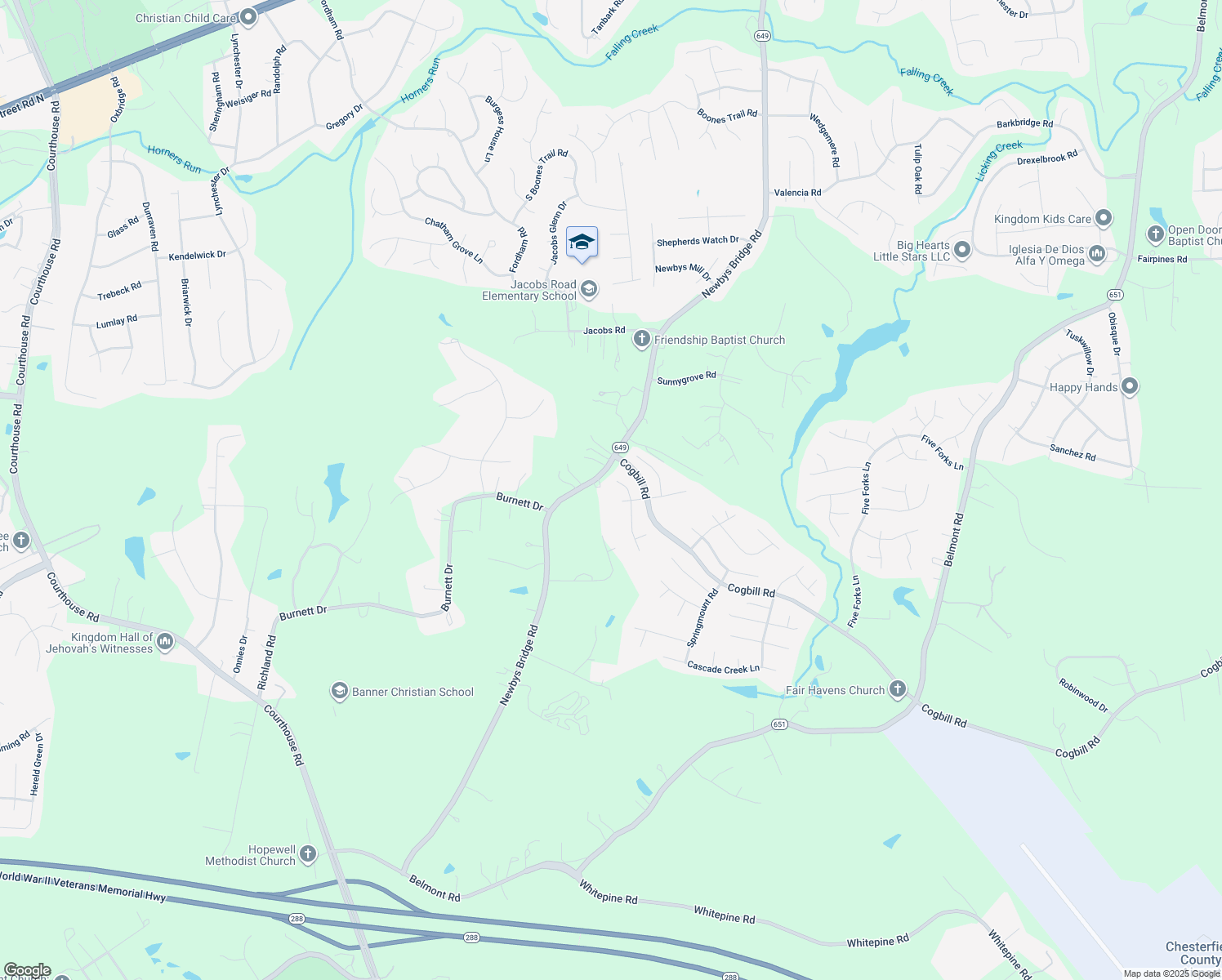 map of restaurants, bars, coffee shops, grocery stores, and more near 9830 Garden Ridge Place in Chesterfield