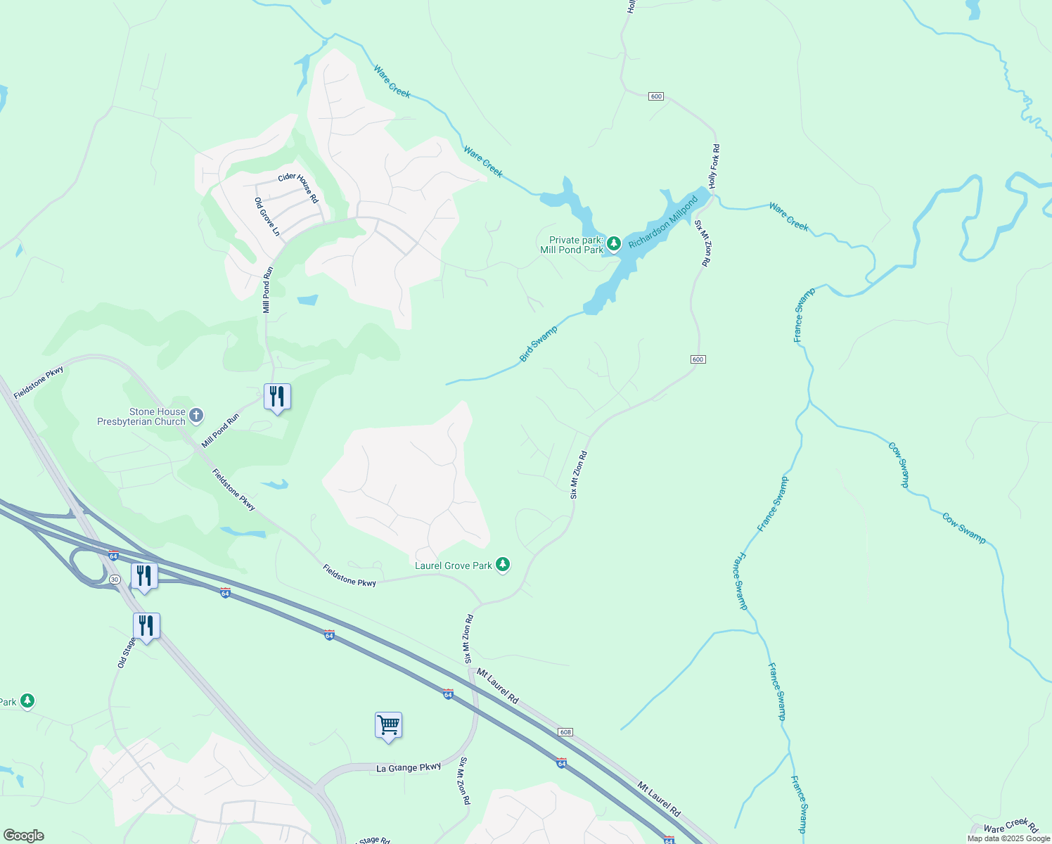 map of restaurants, bars, coffee shops, grocery stores, and more near 9650 Rock Rose Court in Toano