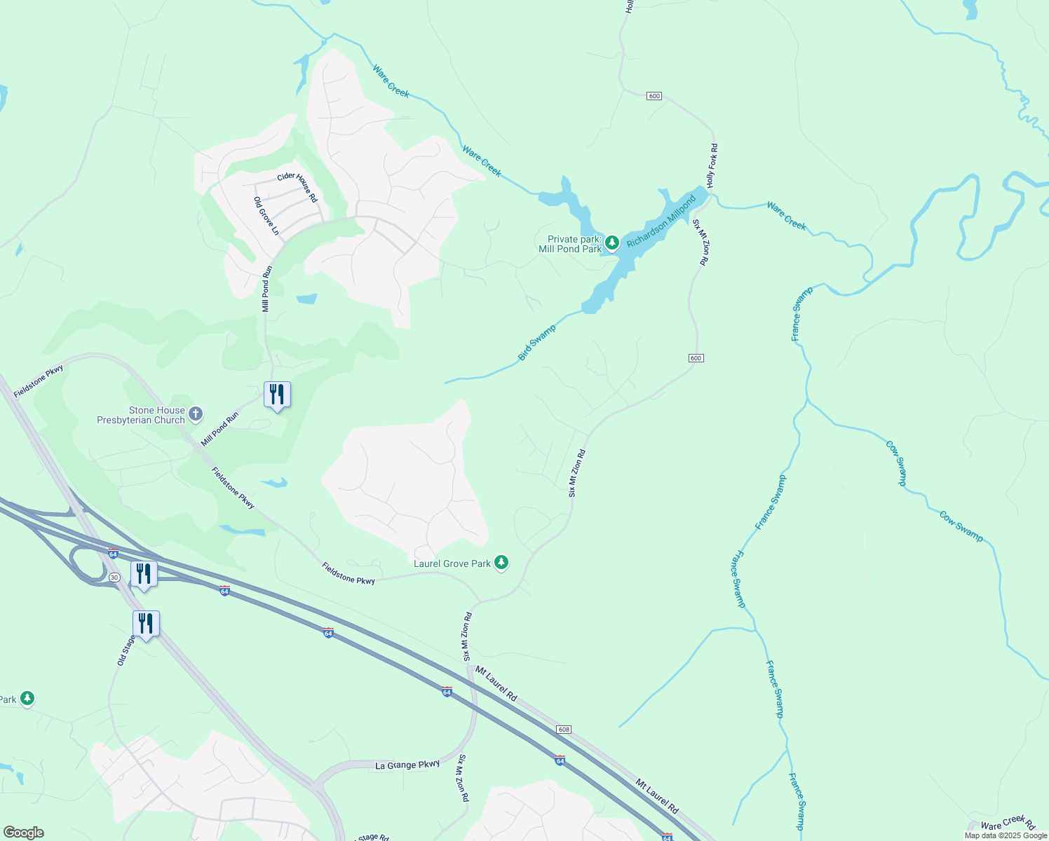 map of restaurants, bars, coffee shops, grocery stores, and more near 9650 Rock Rose Court in Toano
