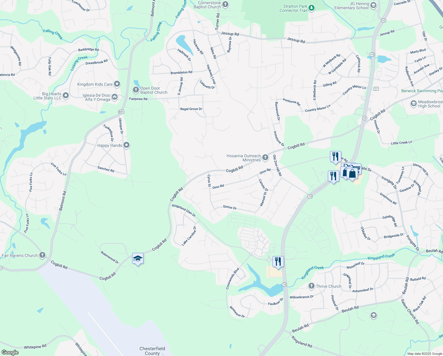 map of restaurants, bars, coffee shops, grocery stores, and more near 6307 Phobus Drive in Richmond