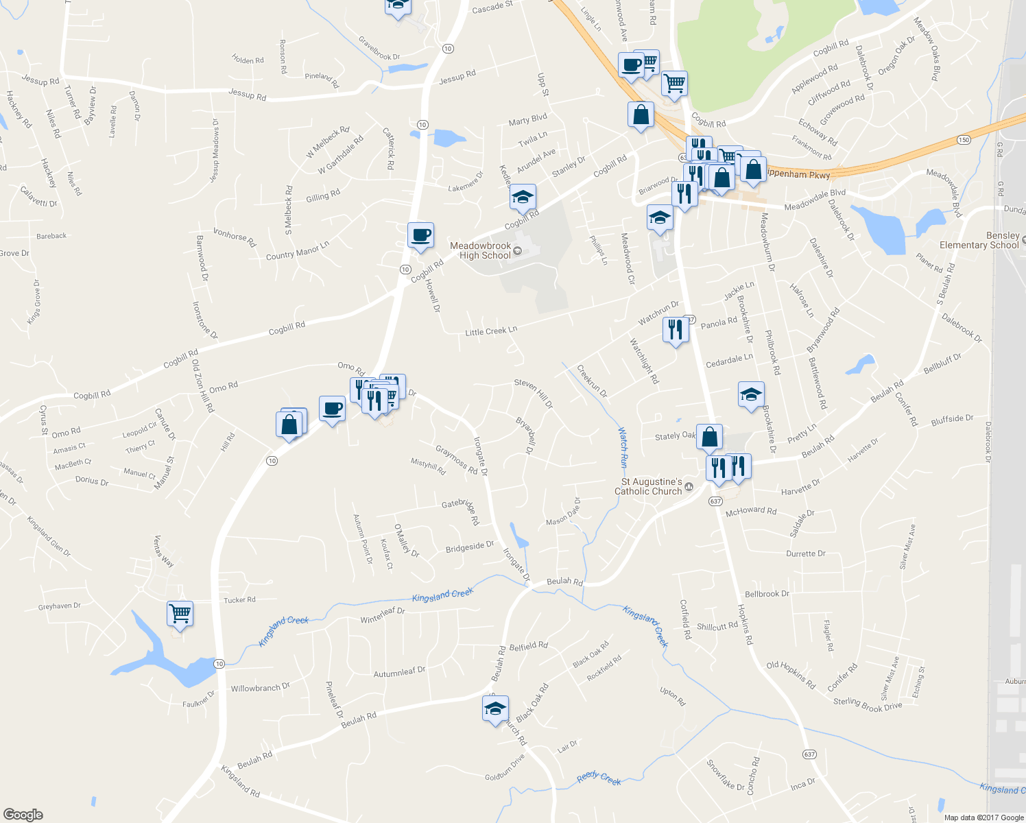 map of restaurants, bars, coffee shops, grocery stores, and more near 6619 Bryanbell Drive in Richmond