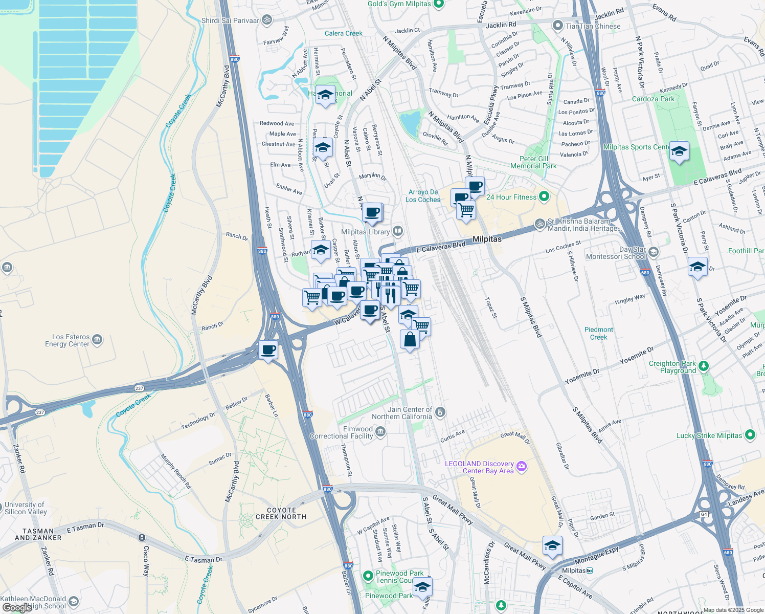 map of restaurants, bars, coffee shops, grocery stores, and more near Serra Way in Milpitas