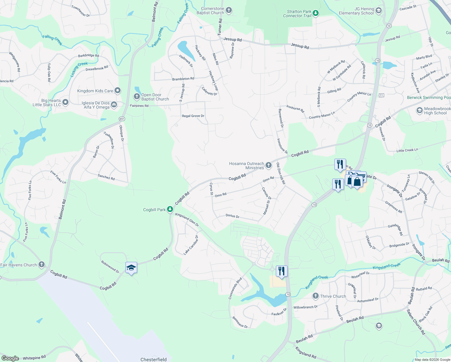 map of restaurants, bars, coffee shops, grocery stores, and more near 6304 Phobus Drive in Richmond