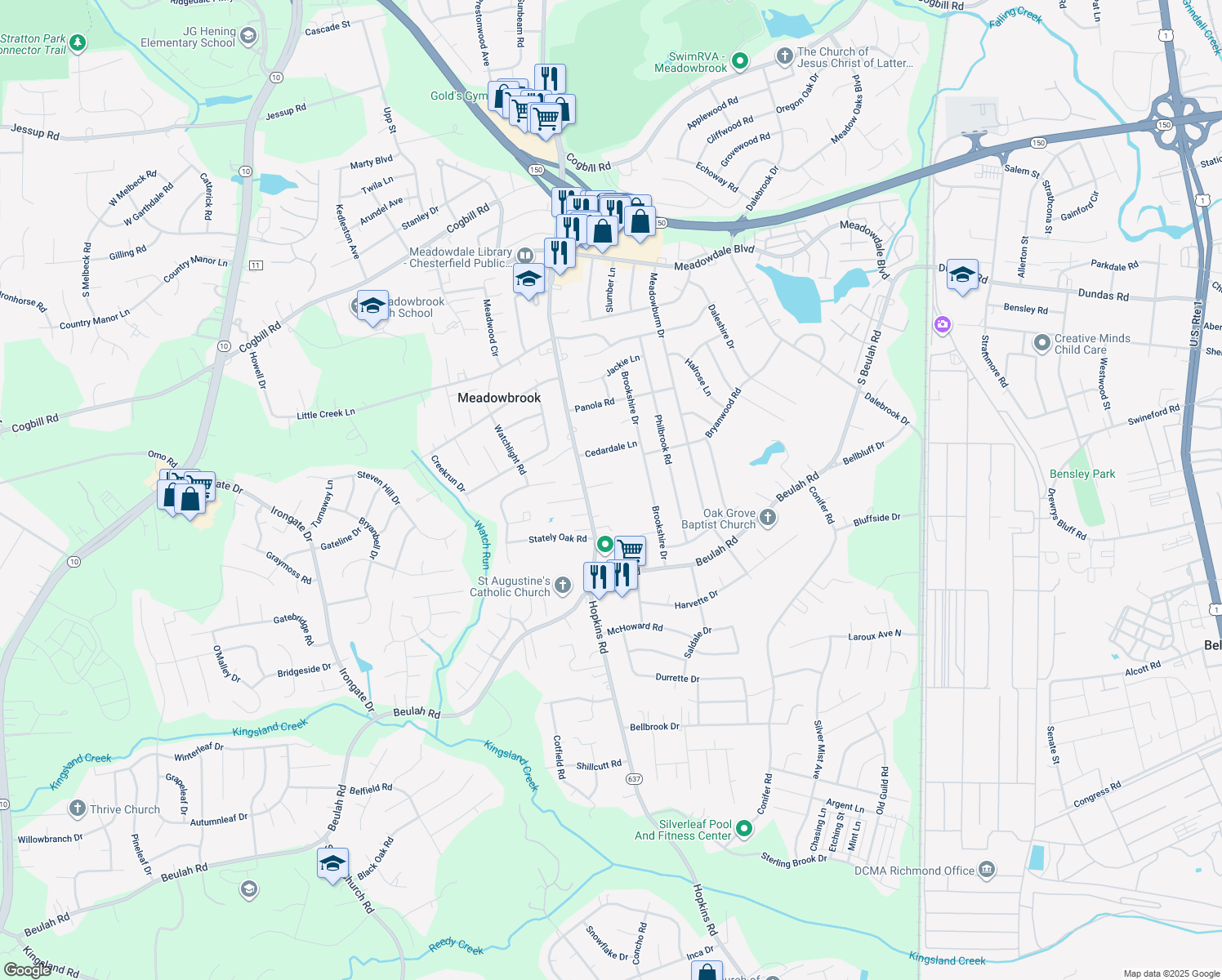 map of restaurants, bars, coffee shops, grocery stores, and more near 6641 Hopkins Road in Richmond