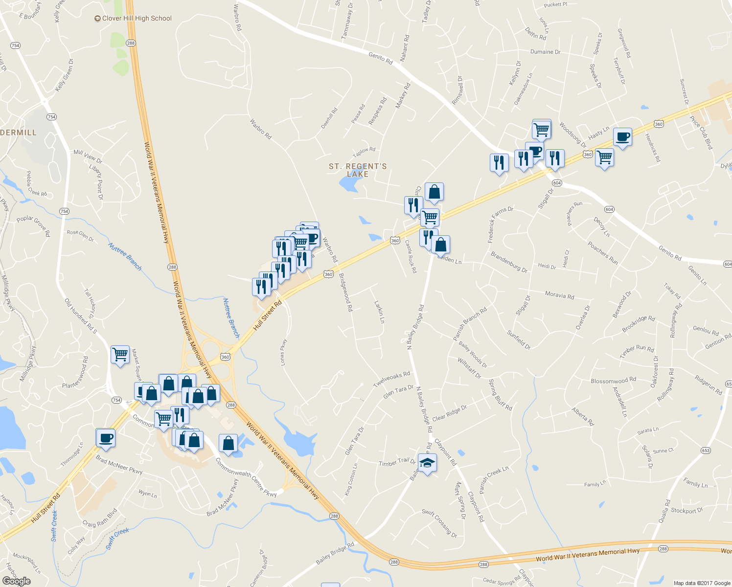 map of restaurants, bars, coffee shops, grocery stores, and more near 4000 Larkin Lane in Midlothian