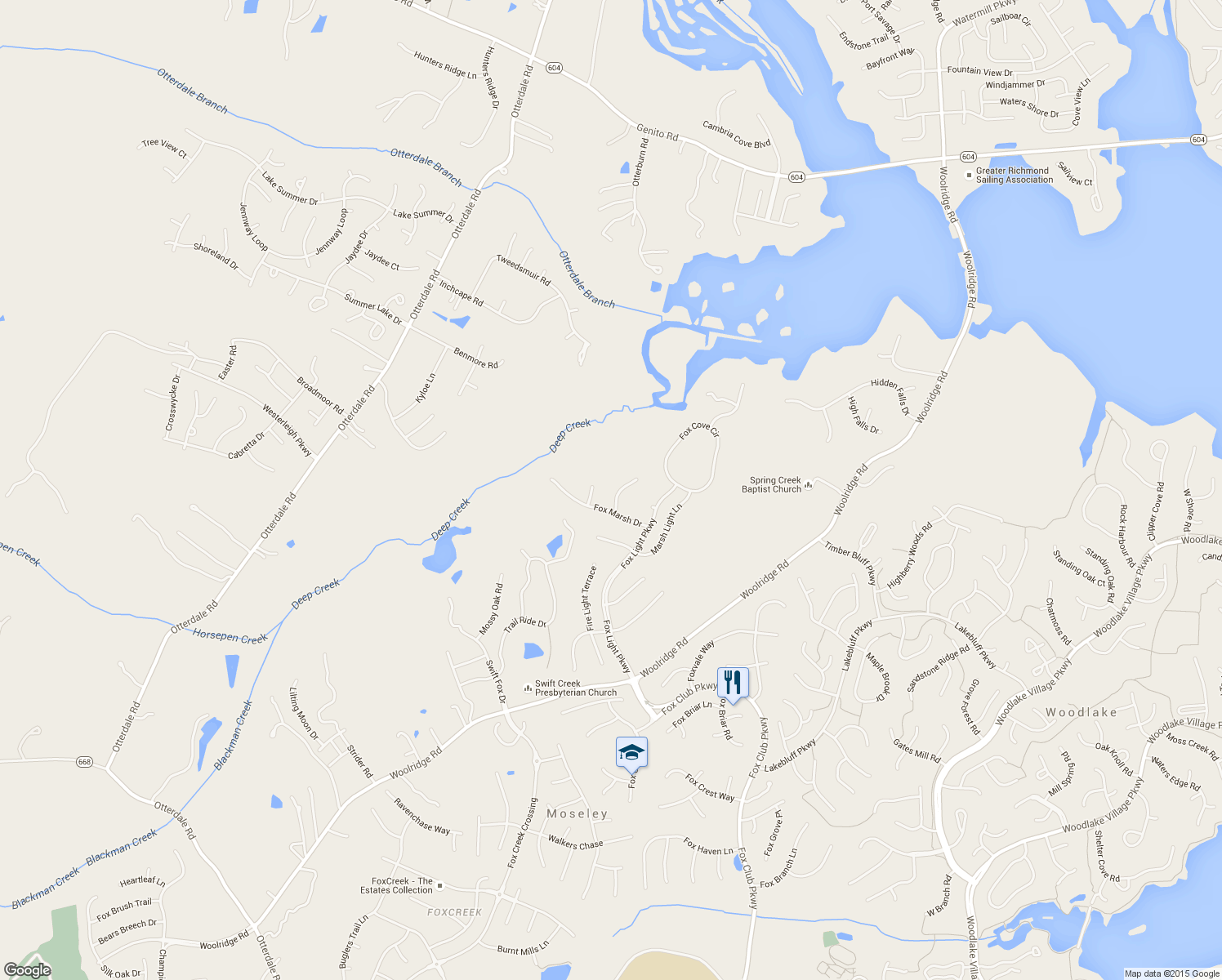 map of restaurants, bars, coffee shops, grocery stores, and more near 5530 Fox Marsh Place in Moseley