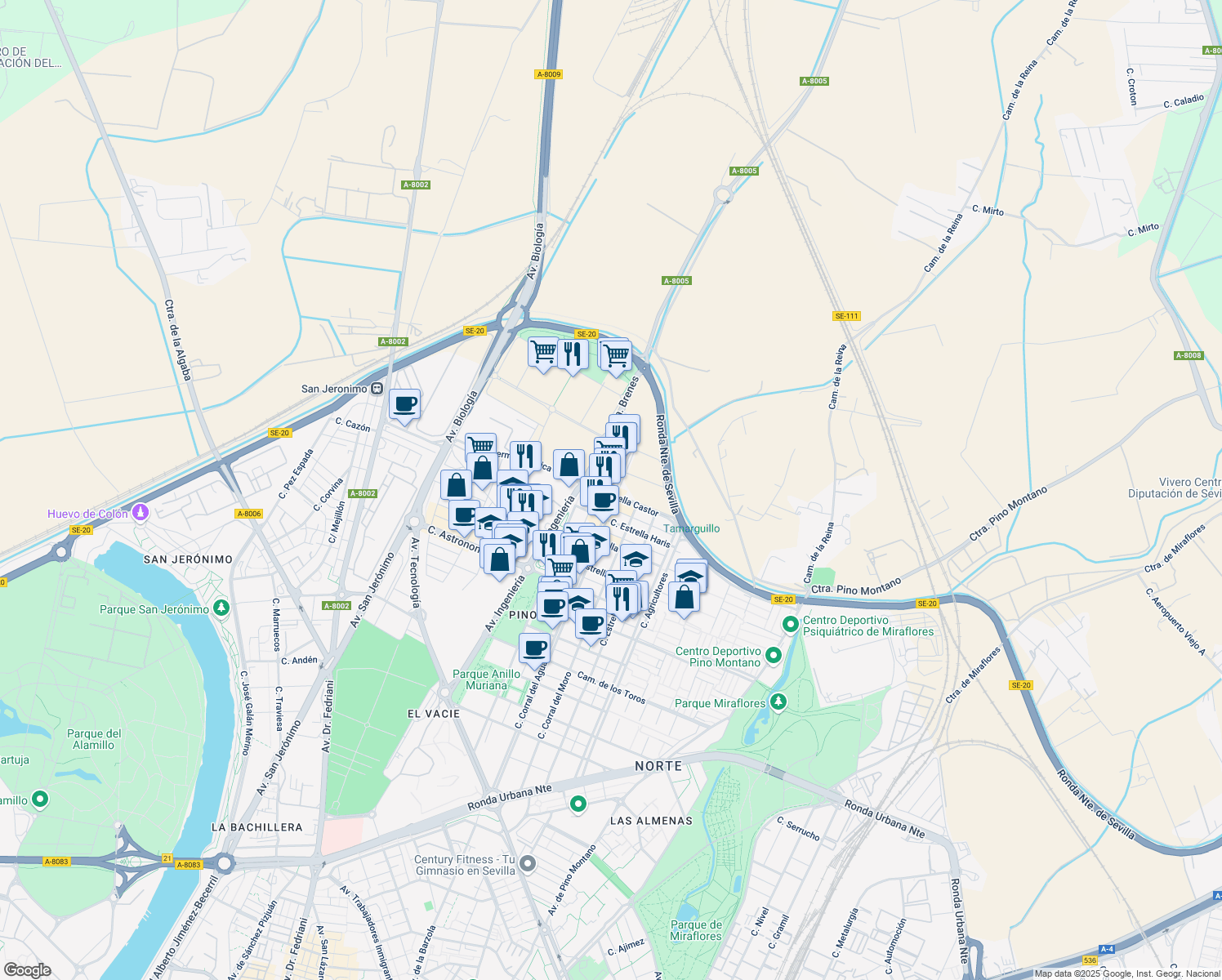 map of restaurants, bars, coffee shops, grocery stores, and more near 7 Calle Estrella Castor in Sevilla