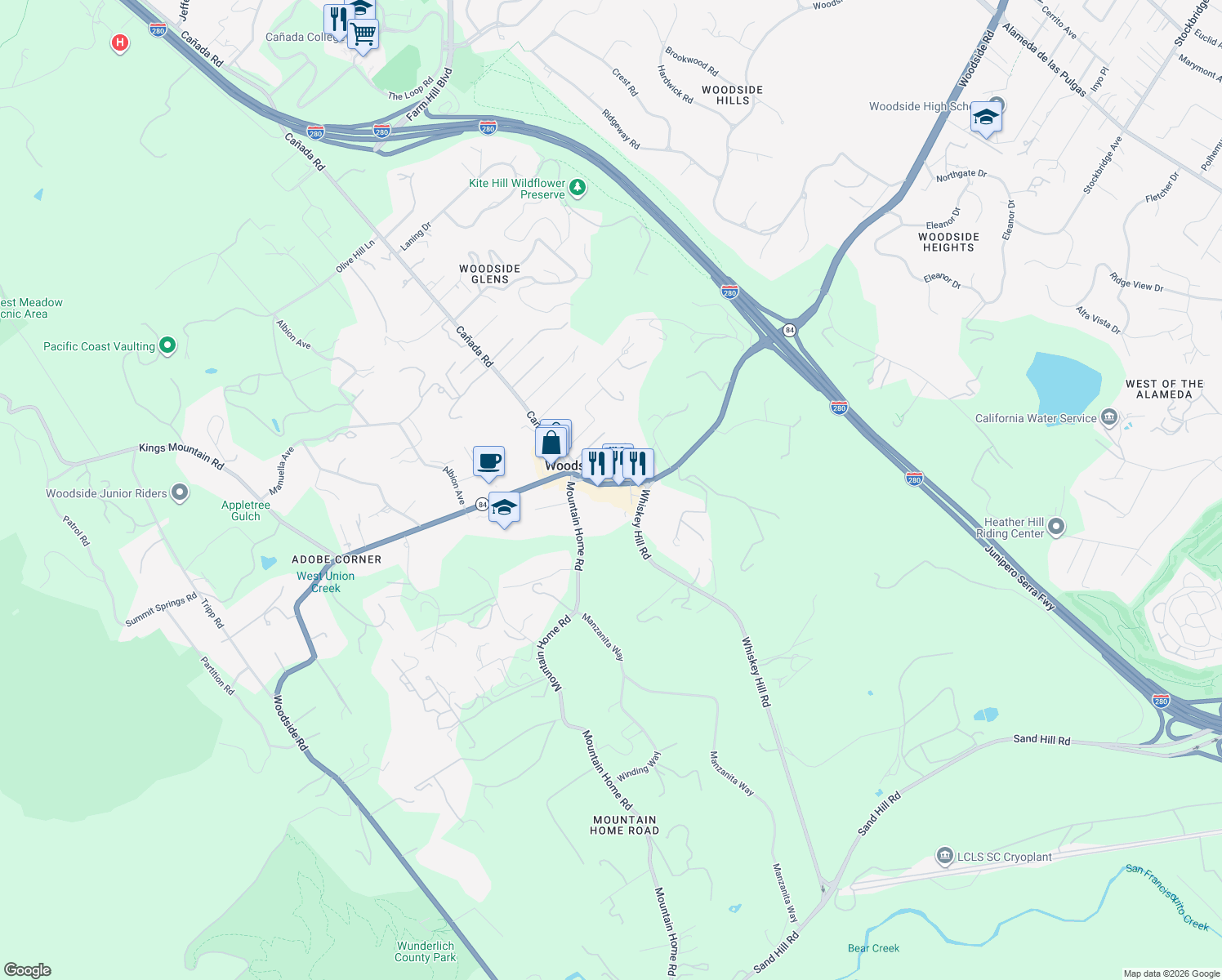 map of restaurants, bars, coffee shops, grocery stores, and more near 2977 Woodside Road in Woodside