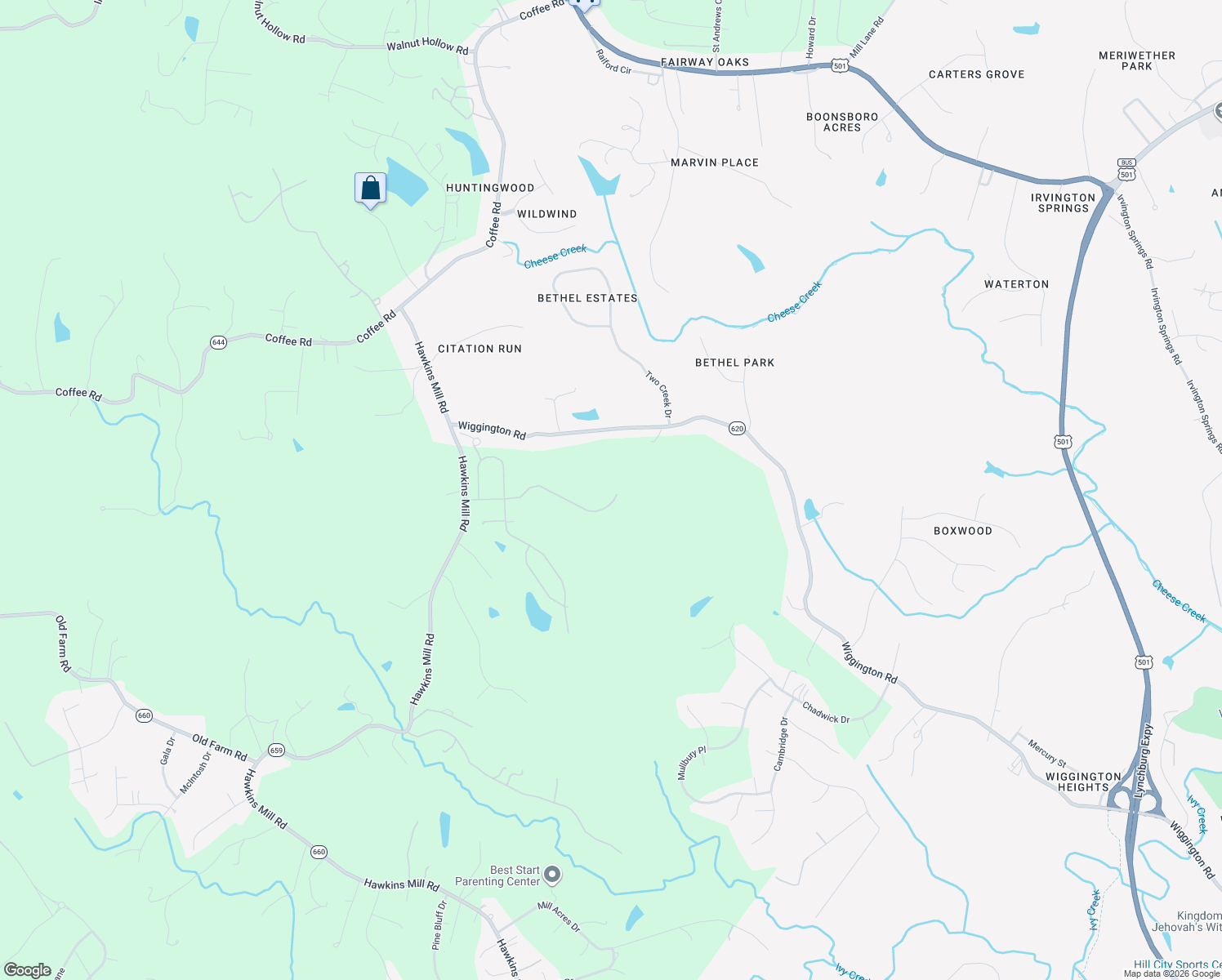 map of restaurants, bars, coffee shops, grocery stores, and more near 1242 Glenbrooke Drive in Lynchburg