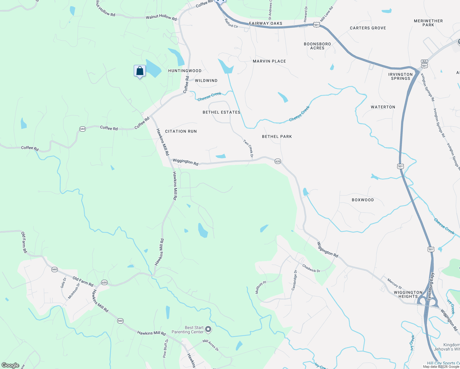 map of restaurants, bars, coffee shops, grocery stores, and more near 1242 Glenbrooke Drive in Lynchburg
