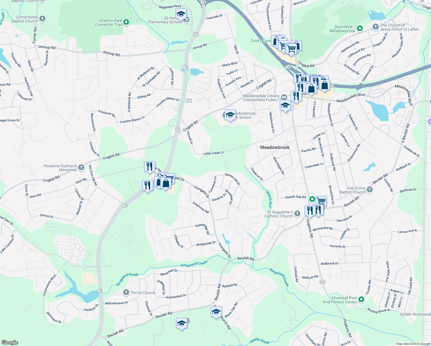 map of restaurants, bars, coffee shops, grocery stores, and more near 5218 Steven Hill Drive in Richmond