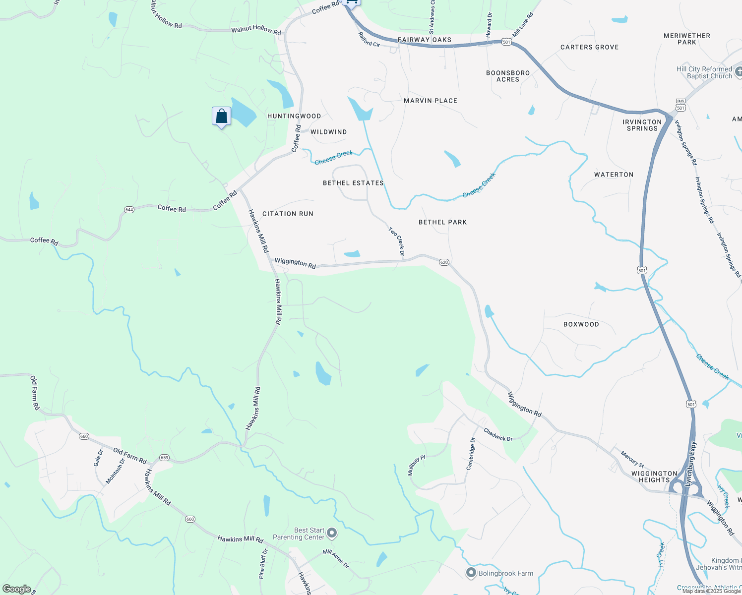 map of restaurants, bars, coffee shops, grocery stores, and more near 1500 Glenbrooke Drive in Lynchburg