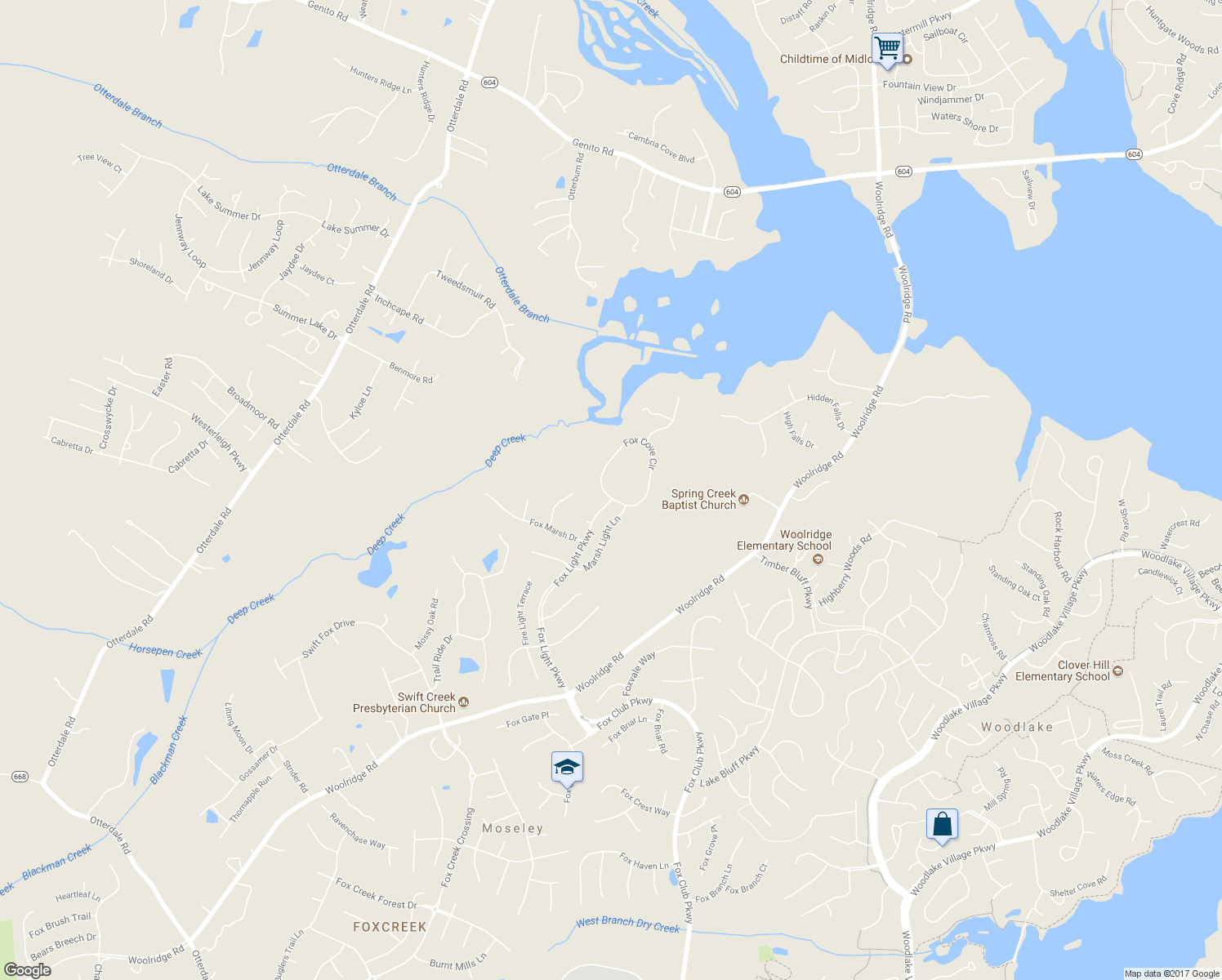 map of restaurants, bars, coffee shops, grocery stores, and more near 15679 Fox Cove Circle in Moseley