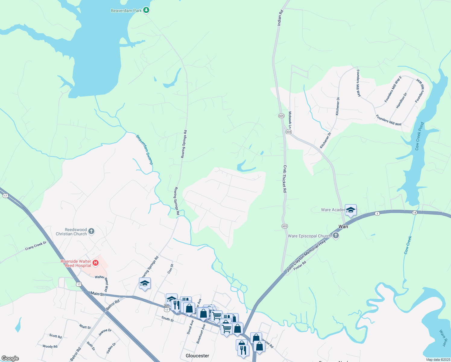 map of restaurants, bars, coffee shops, grocery stores, and more near 6703 Magnolia Dr in Gloucester