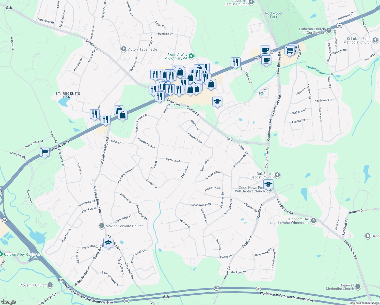 map of restaurants, bars, coffee shops, grocery stores, and more near 4510 Heidi Terrace in Midlothian