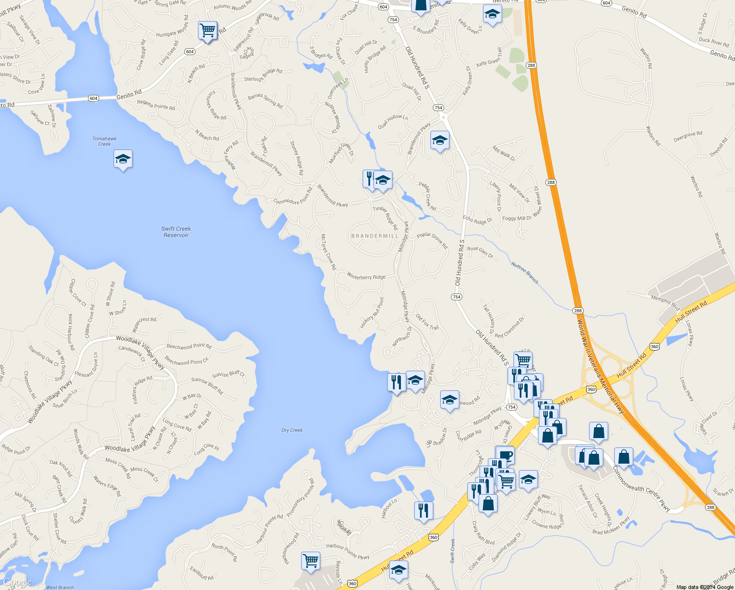 map of restaurants, bars, coffee shops, grocery stores, and more near 13810 Winterberry Ridge in Midlothian