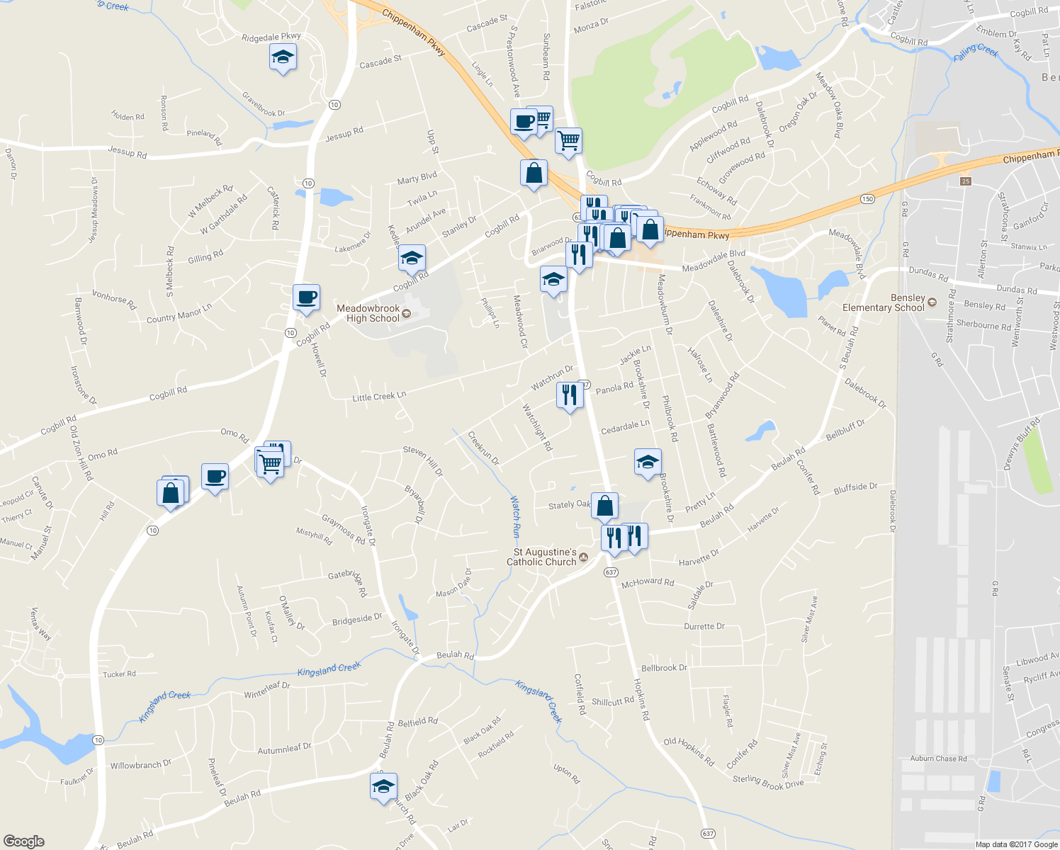 map of restaurants, bars, coffee shops, grocery stores, and more near 6512 Watchlight Road in Richmond