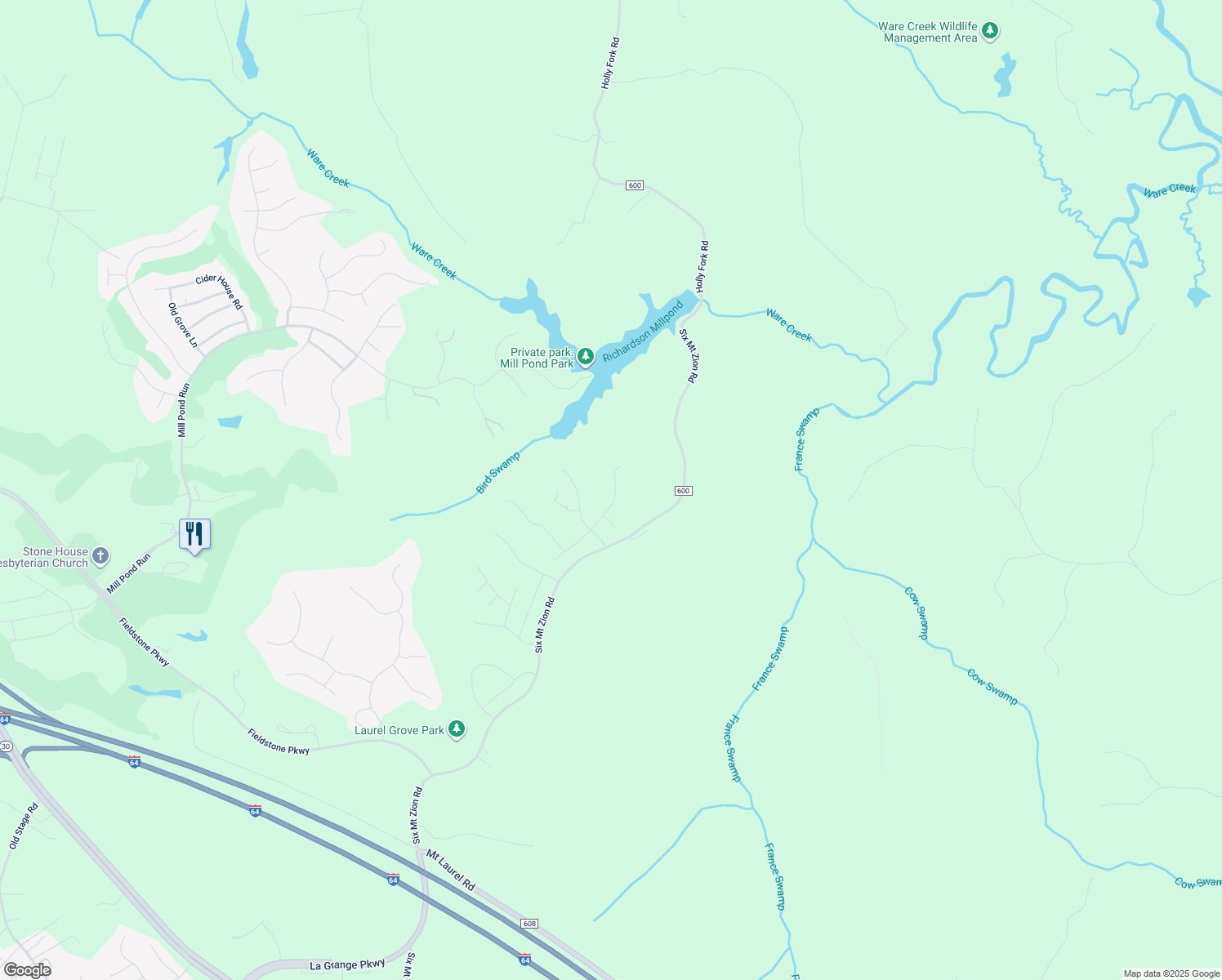 map of restaurants, bars, coffee shops, grocery stores, and more near 3562 Trillium Drive in Toano