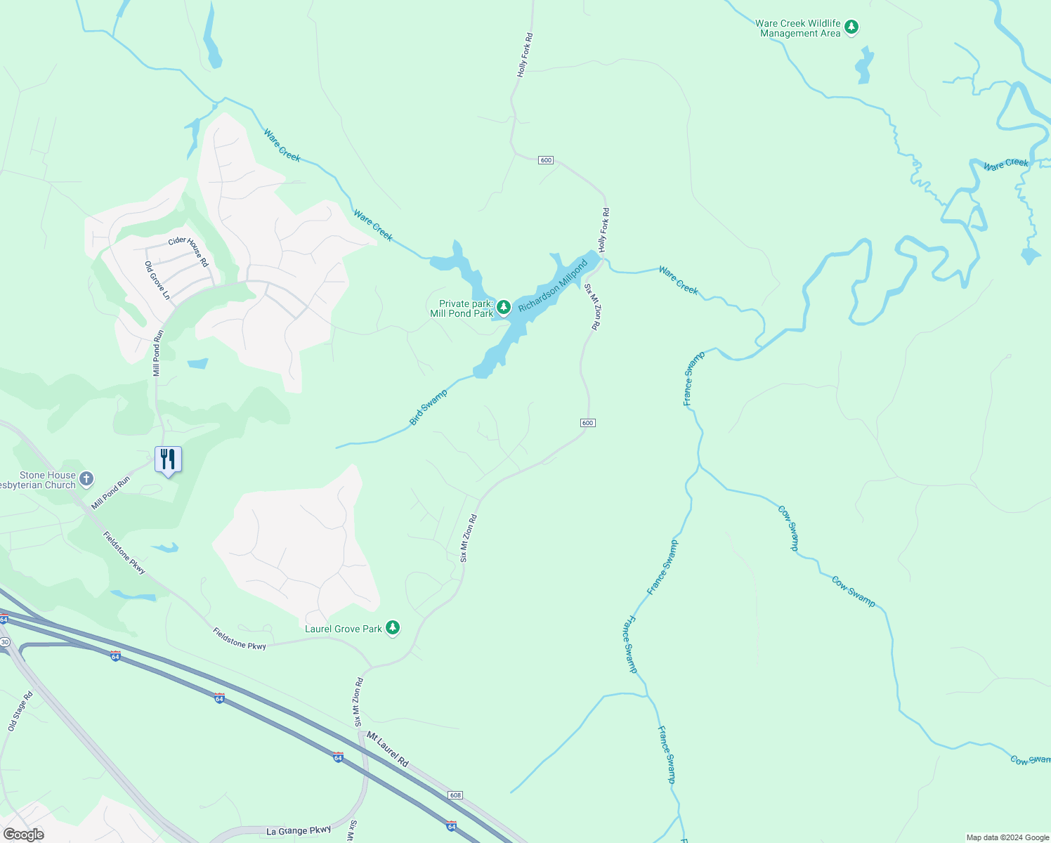 map of restaurants, bars, coffee shops, grocery stores, and more near 3562 Trillium Drive in Toano
