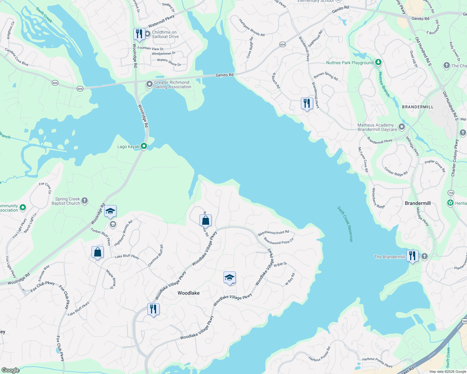 map of restaurants, bars, coffee shops, grocery stores, and more near 5200 W Shore Rd in Midlothian