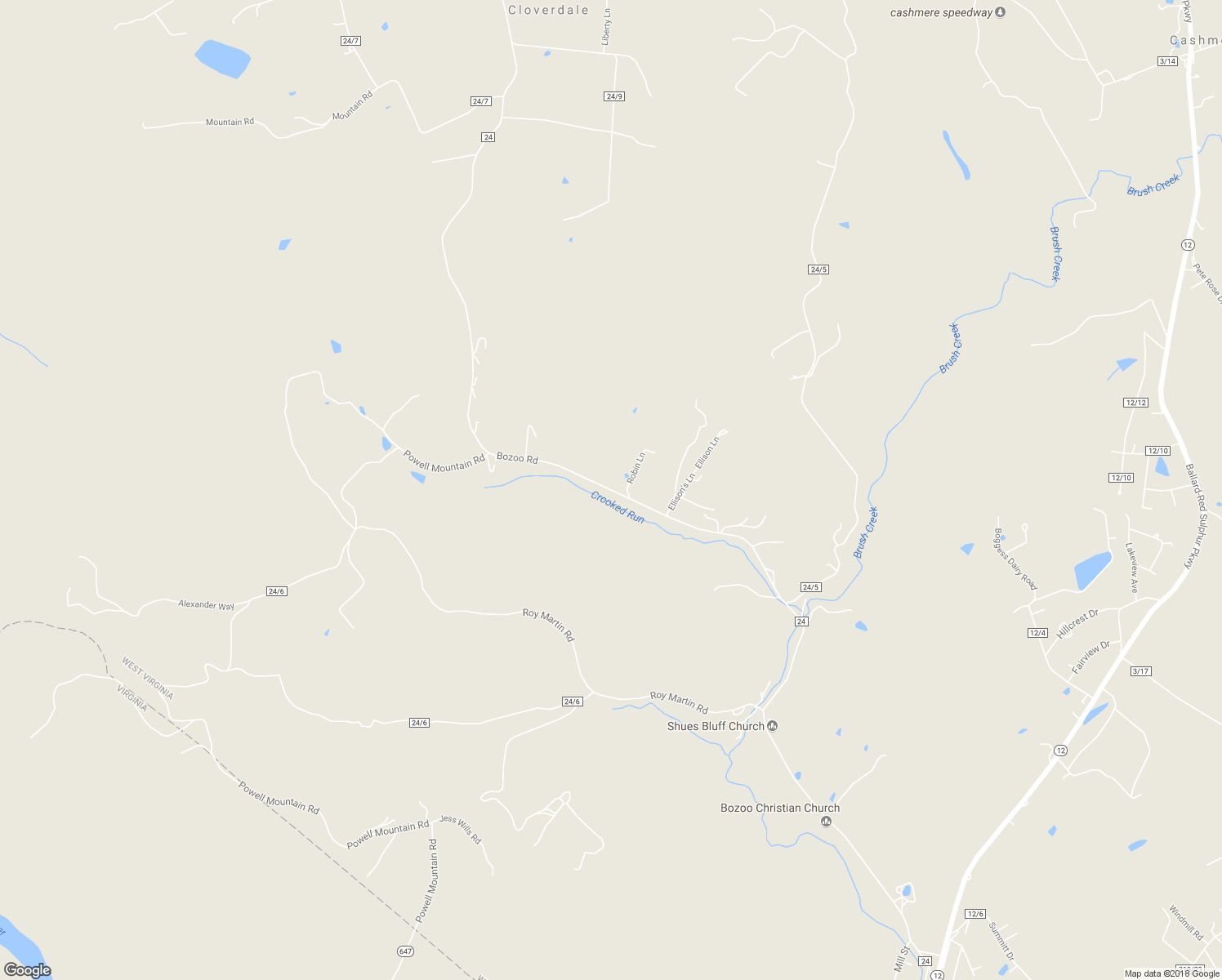 map of restaurants, bars, coffee shops, grocery stores, and more near Bozoo Road in Peterstown